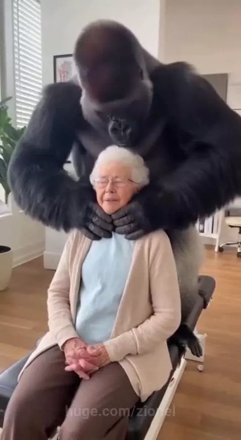 A gorilla in a suit performing a chiropractic adjustment on an elderly woman, who is then violently thrown through a wall.