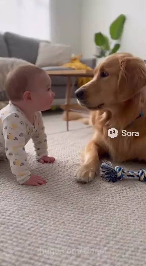 Baby on all fours facing a golden retriever lying down, both appearing to interact playfully.