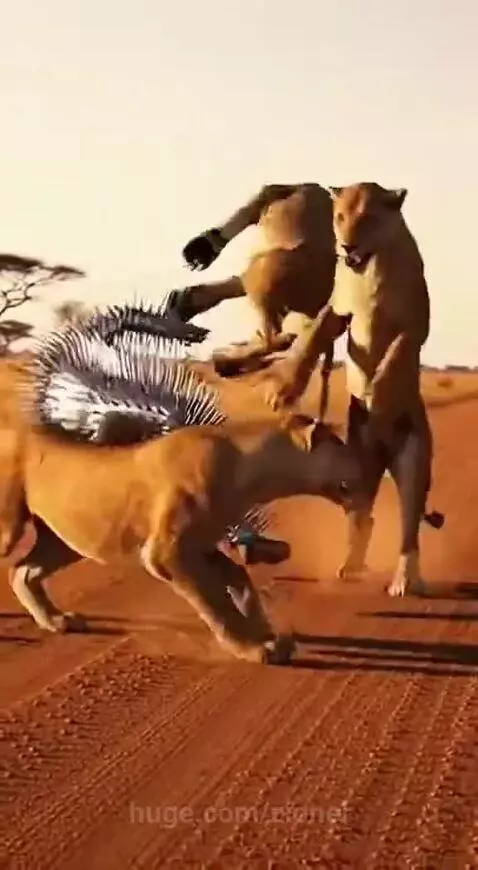 Man in a metallic spiked suit standing in a savanna as lions attempt to attack him.