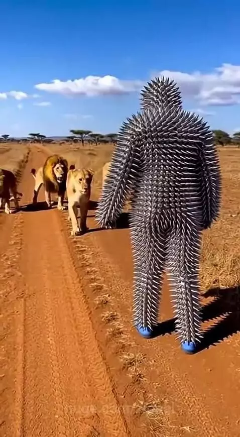 Person in a full-body spiked suit on a dirt road in a savanna, with a pride of lions approaching.