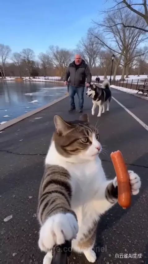Cat holding a selfie stick with sausage, looking at camera as man falls into icy water with dog.