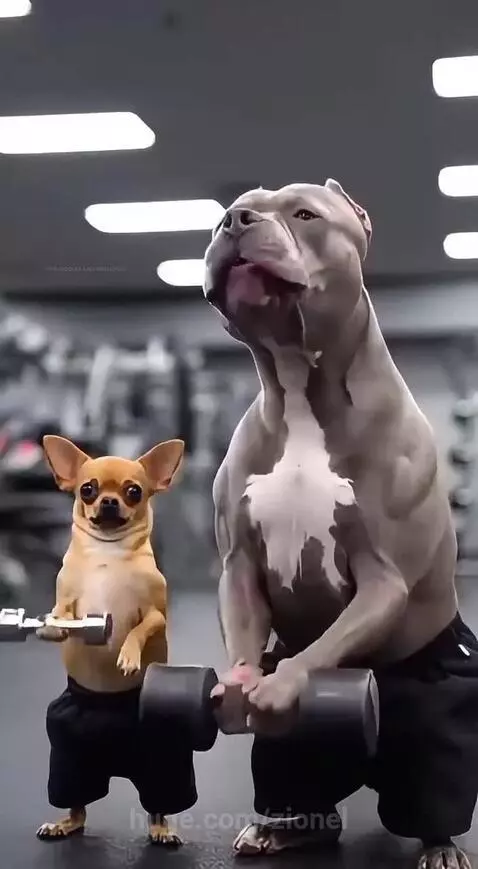 Anthropomorphic dogs in a gym: a pitbull-like dog laughs as a chihuahua is playfully slapped by another chihuahua.