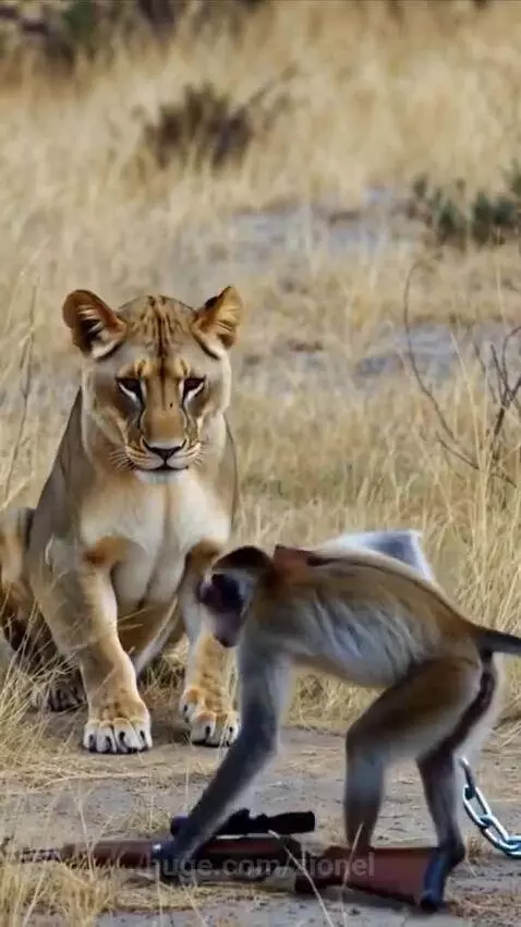 Animated monkey with bow and arrow aims at an apple on a chained lioness's head.