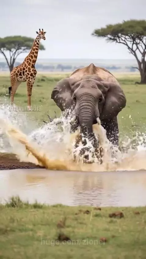 Elephant spraying water from its trunk onto a small, muddy gazelle fawn near a watering hole.