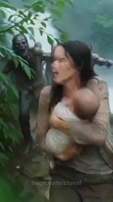 Mother holding baby runs from zombies towards a bunker door in a jungle with a waterfall.