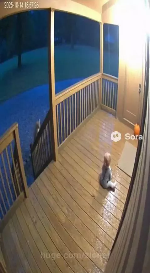 Woman quickly grabs baby from porch as a fox retreats, with a cat nearby.