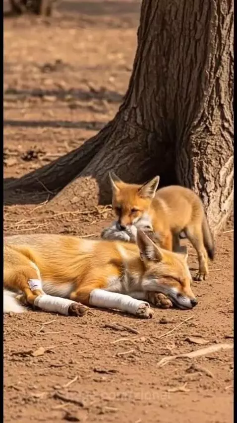 A gorilla reaching down into a well with a rope to help a small fox cub climb out.