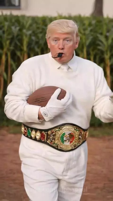 Donald Trump look-alike in a white outfit with a Mexican flag championship belt and football, holding a whistle.