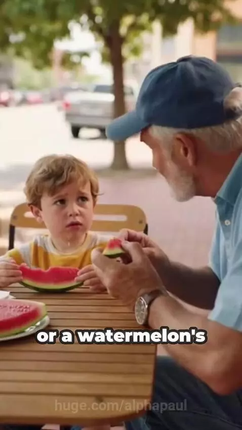 A young boy looks confusedly at a pregnant woman's belly after his grandpa warned him about swallowing watermelon seeds.
