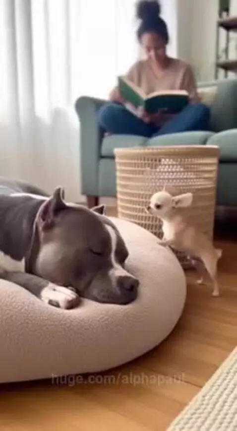 A small chihuahua barks aggressively at a large pit bull dog resting on a bed.