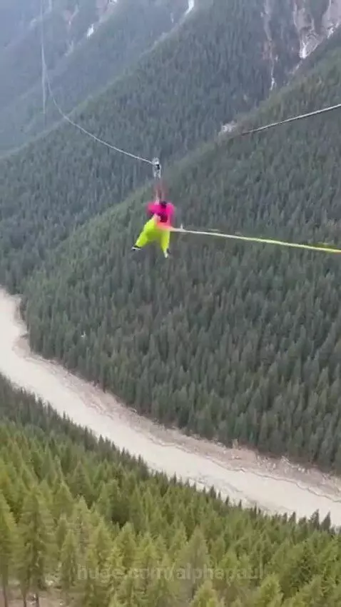Person on zipline swinging over a forest valley, moments before impacting treetops.