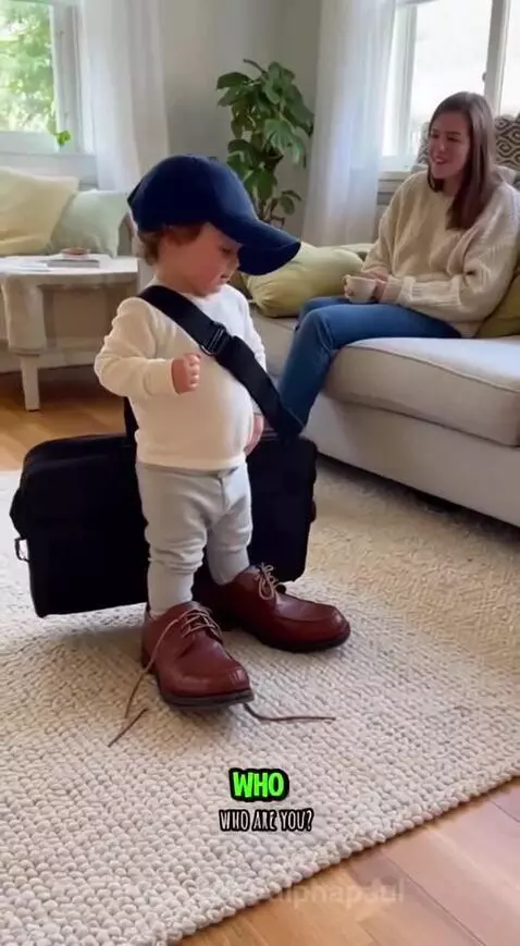 Child wearing a blue cap, large bag, and oversized shoes, proudly saying 'I'm Daddy' while a woman laughs.