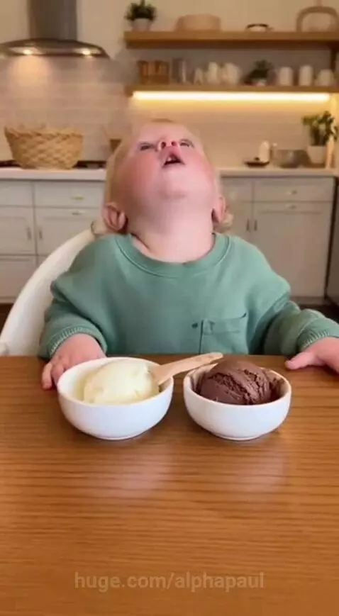 Toddler in high chair making a funny face while deciding between vanilla and chocolate ice cream.