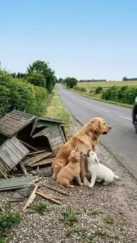 Kind man gently petting a mother dog and her puppy after rescuing them from abandonment.