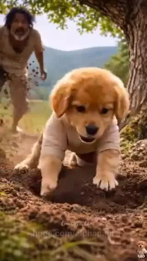 A man joyfully receiving a treasure chest from a puppy dressed in a shirt and shorts.