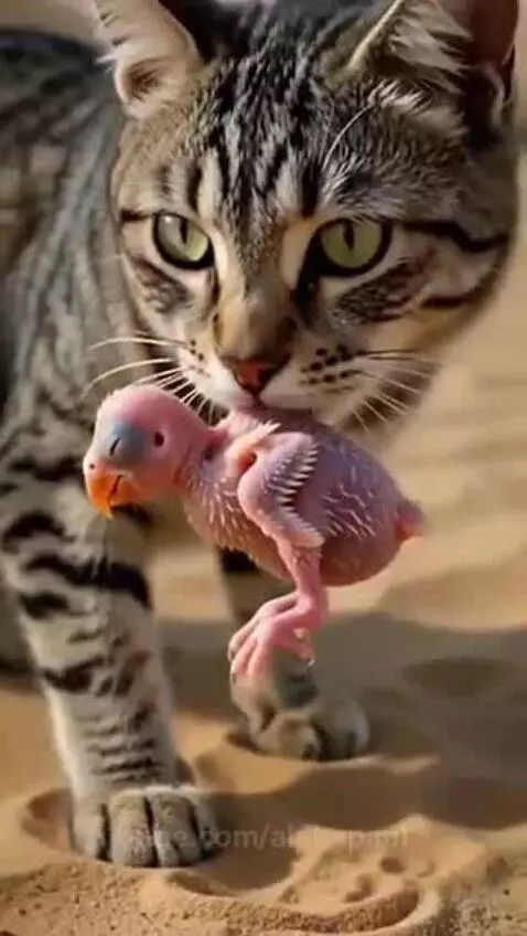 Tabby cat gently carrying a small baby parrot in its mouth towards a nest in a tree.