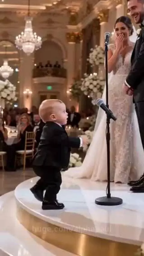 Baby in a tuxedo holding a microphone at a wedding, looking at the groom.