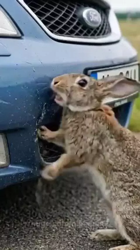 Mother rabbit and babies freed from fishing net on a road by a kind man.