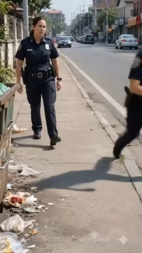 Police officer gently placing puppies into a dog house with their mother dog nearby.