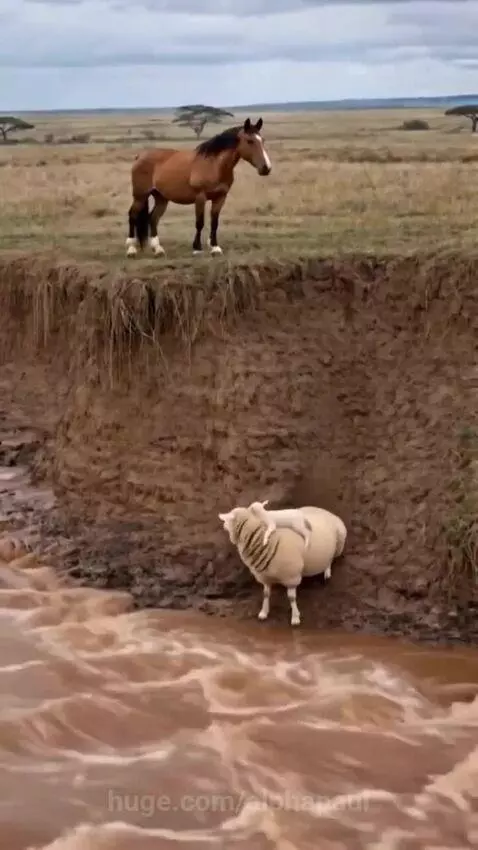 A brown horse carefully descends a muddy riverbank to help a sheep and lamb climb to safety.