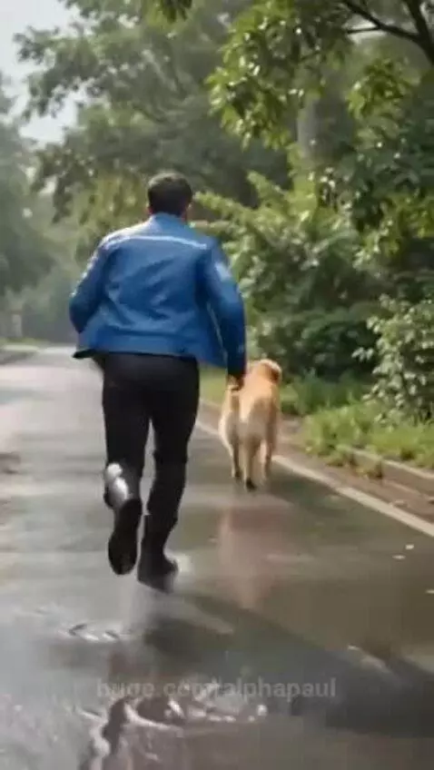Golden retriever comforting a man who rescued two puppies from train tracks.