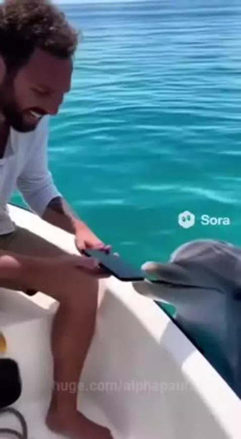 Dolphin holding a smartphone in its mouth, approaching a man on a boat in clear blue water.