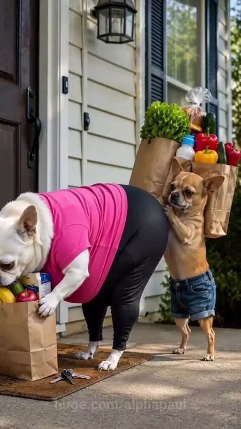 A white dog in a pink shirt farts, engulfing a smaller brown dog in smoke as groceries scatter.