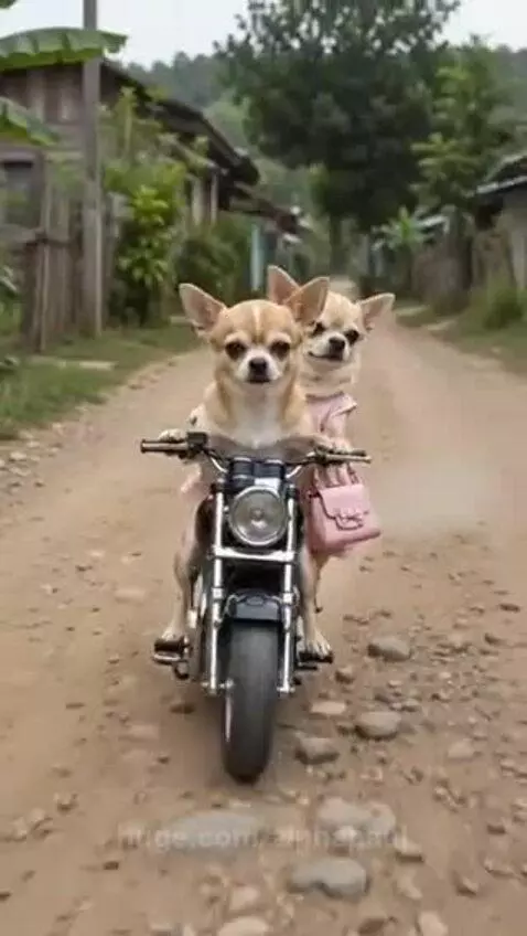 Two chihuahuas, one in a dress, ride a tiny motorcycle on a dirt road towards a house.