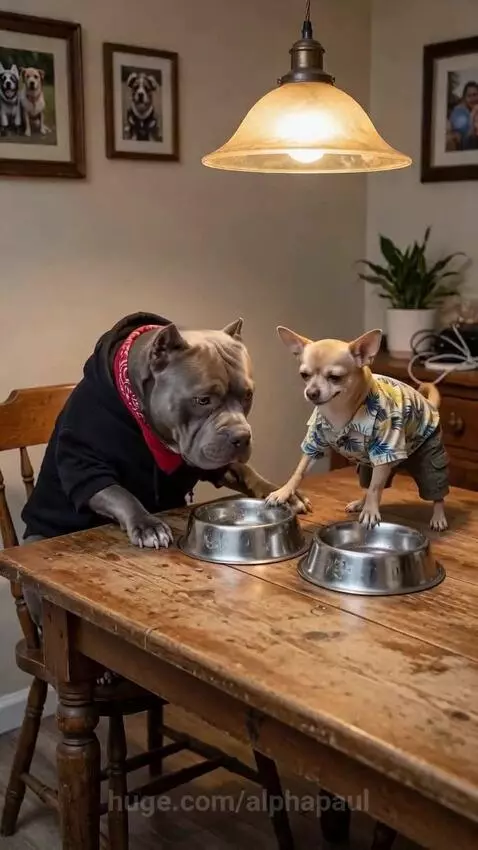 A large dog in a hoodie and a small dog in a Hawaiian shirt sit at a table with money in their food bowls.