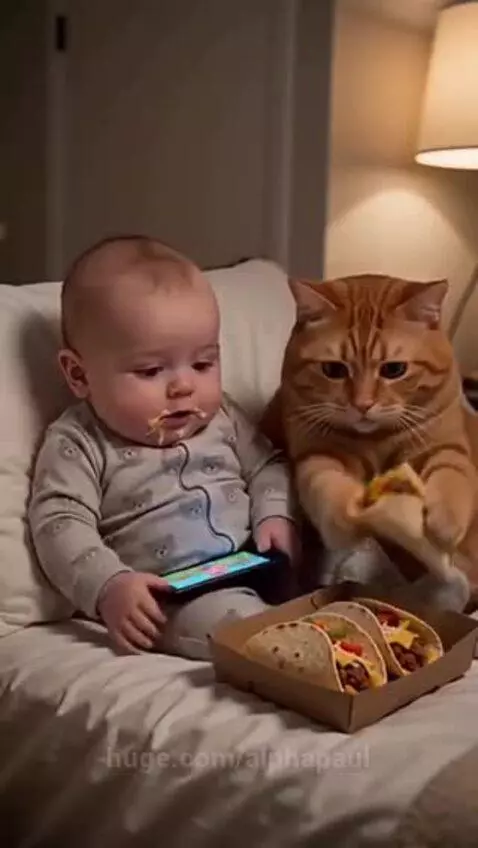 A baby and an orange cat sit on a bed, both eating tacos, with a cartoon on a phone.