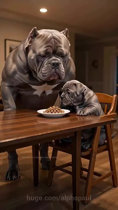 A large dog watches a small puppy in a high chair eat food while a cartoon plays on a tablet.