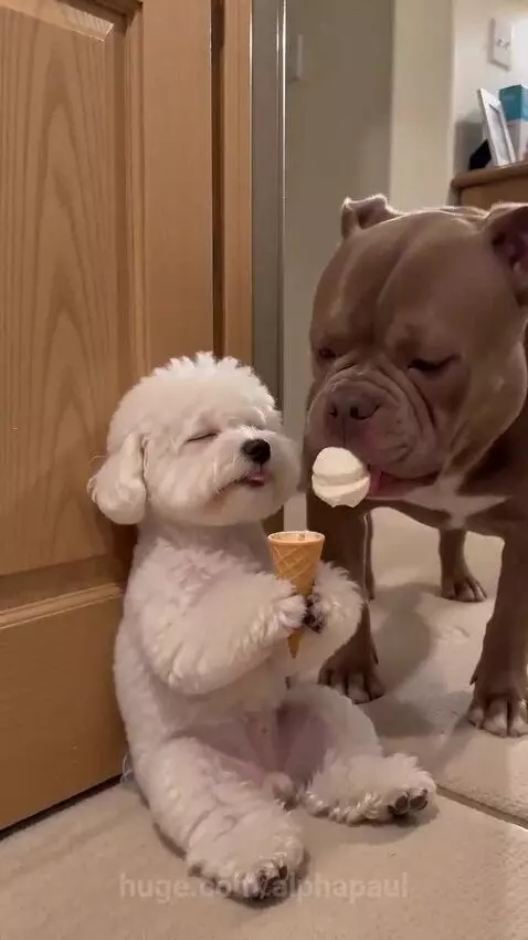 Small white dog looking surprised after a larger dog steals its ice cream cone.