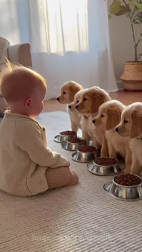 Baby in sweater and striped pants watching five golden retriever puppies eat from bowls.