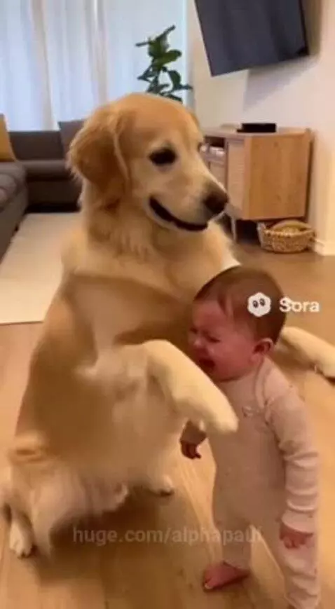 Golden retriever dog hugging a baby, who stops crying and smiles.