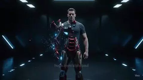 Man in a dark room as an Iron Man suit rapidly assembles around him with glowing blue energy.