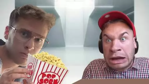 Split screen of two men reacting to something; one eats popcorn, the other shows shock and surprise.