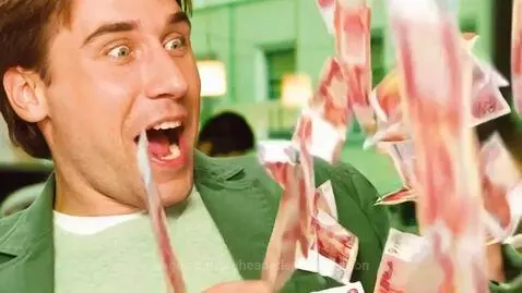 Close-up of a man with a huge smile catching falling Russian Ruble banknotes, looking ecstatic.