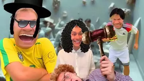 Four individuals with exaggerated meme faces in a classroom setting, one holding a hammer, another a burger.