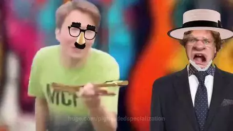 Man with mustache and glasses dancing and doing stick tricks with kids waving, in front of a graffiti wall.