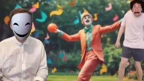 Three performers: a masked figure, a clown in an orange suit, and a person with a screaming face, on Crazy Street.