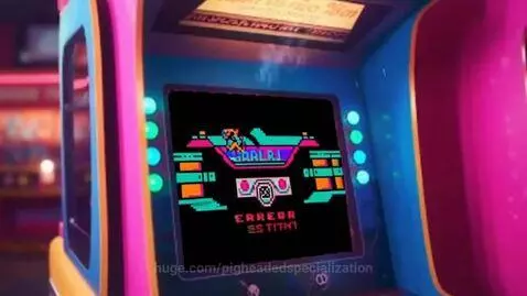 Two men with exaggerated fearful expressions in an arcade, one holding a stick, as an arcade machine screen shows 'OUT OF ORDER'.