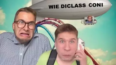 Two young men with exaggerated scared faces, a blimp with 'WIE DICLASS CONI' text floats in the sky, roller coaster track in background.