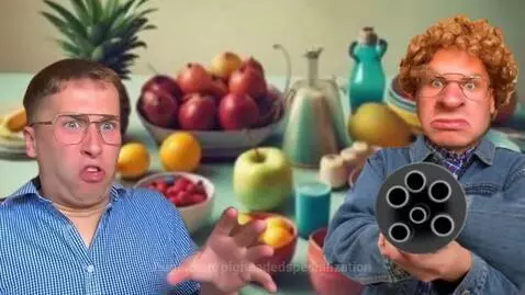 Man with shotgun points at table of fruit, scared man reacts as fruit explodes.