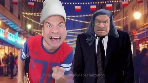 Two men with exaggerated cartoon faces superimposed on their bodies, holding trumpets at a festive French street event.