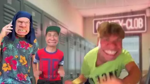 Three men with cartoonish faces in a hallway, one on the phone, with a 'CONMEY-CLOB' sign.