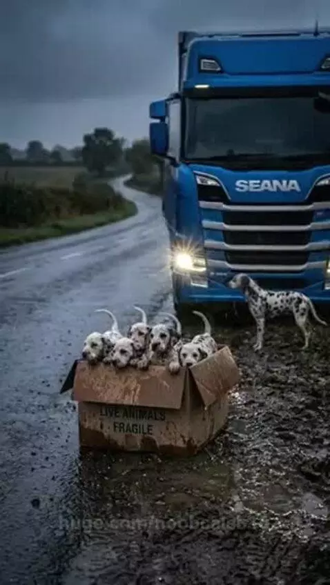 Truck driver gently petting a Dalmatian puppy from a box on the roadside.