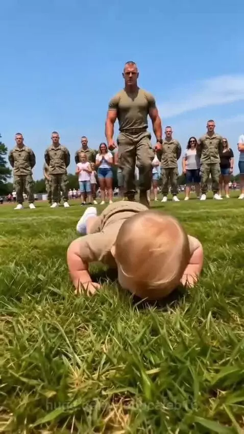 Baby in military outfit doing push-ups on grass, with a soldier dad nearby.