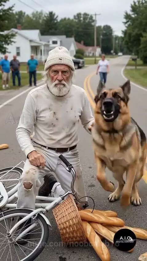 A dog watches as bulls charge down a street towards a woman's motorcycle, which is about to crash into a house.
