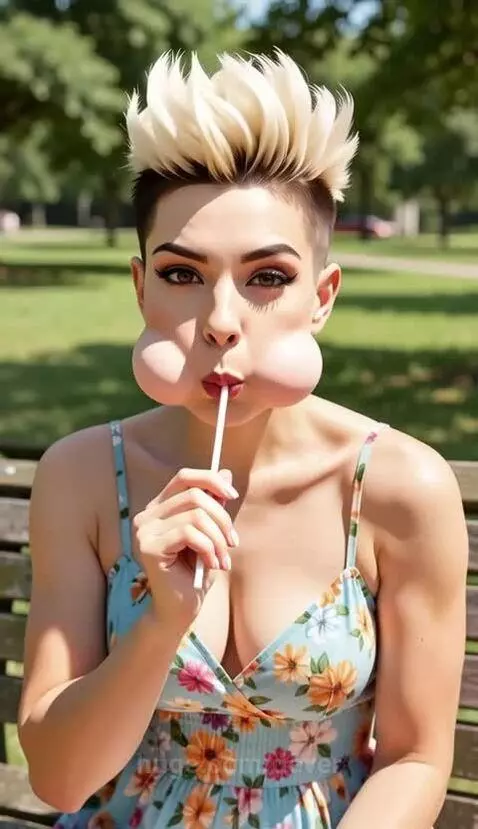 Woman with blonde spiky hair in a floral dress eating a large swirl lollipop on a park bench.