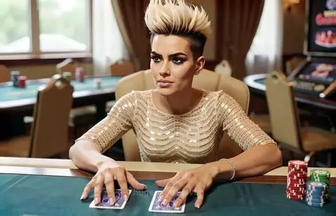 Woman in sequined top at poker table, laughing as a huge pile of red chips covers her cards.